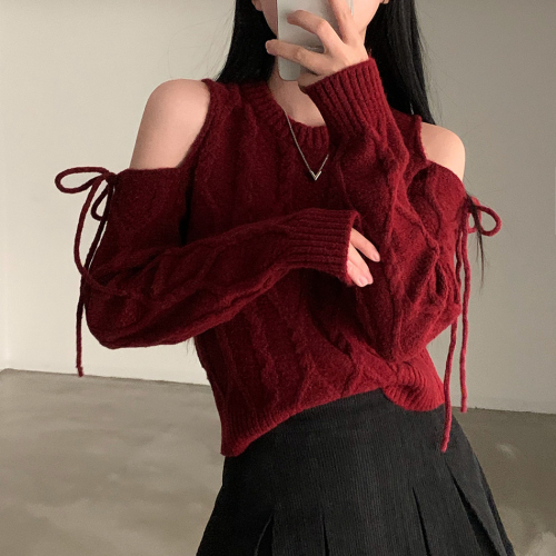 韩国chic新年红色氛围露肩毛衣长袖针织上衣女