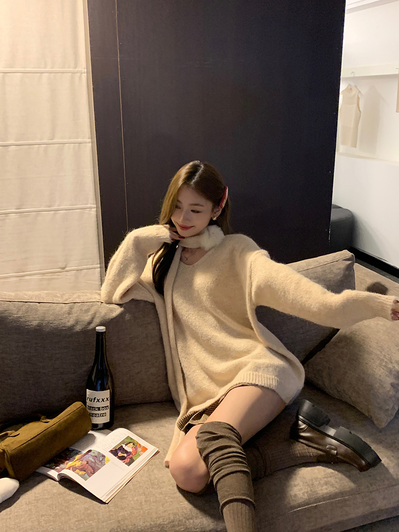 實拍 三標齊 慵懶風寬鬆V領針織衫溫柔軟糯氣質毛衣配圍巾