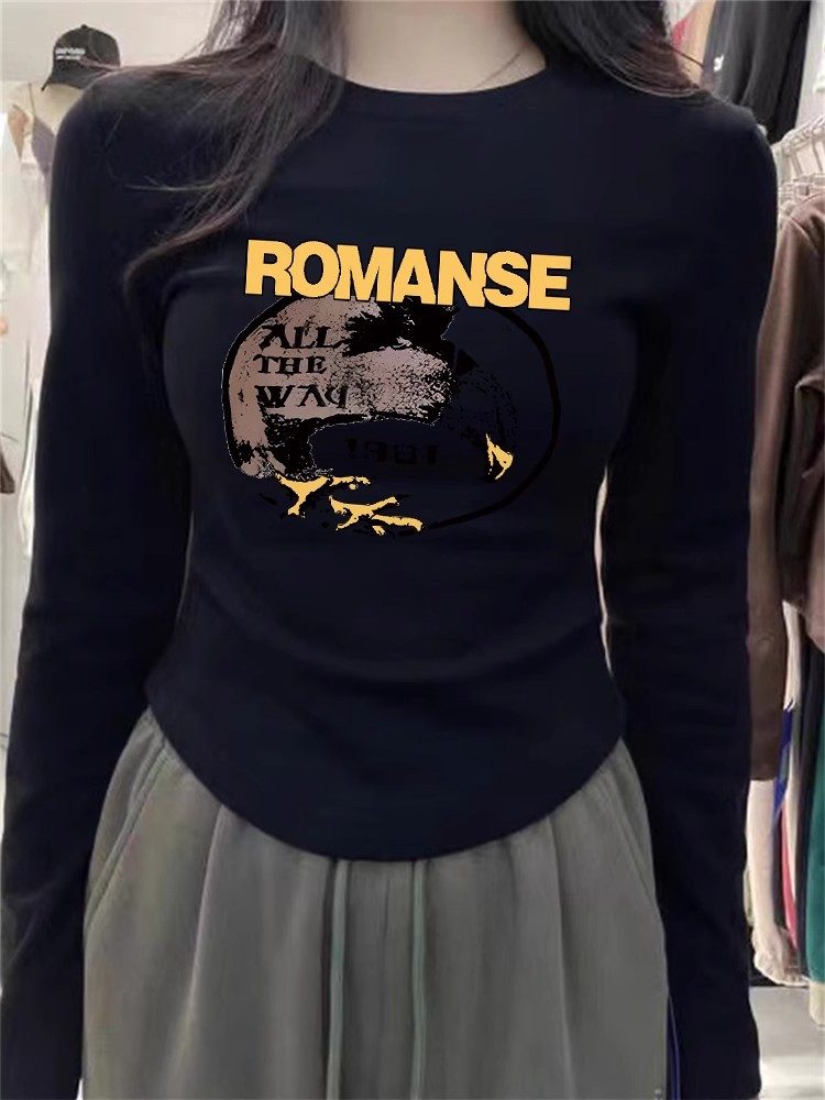 美式潮牌印花t恤上衣服冬季時髦chic圓領內搭德絨修身打底衫女生