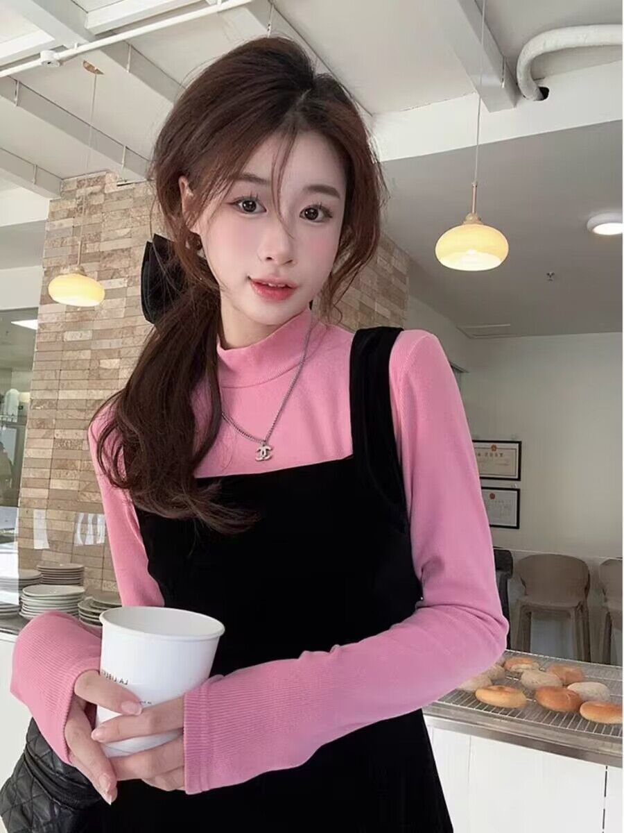 背帶辣妹絲絨法式連衣裙長袖打底秋冬2023修身新款時尚兩件套潮