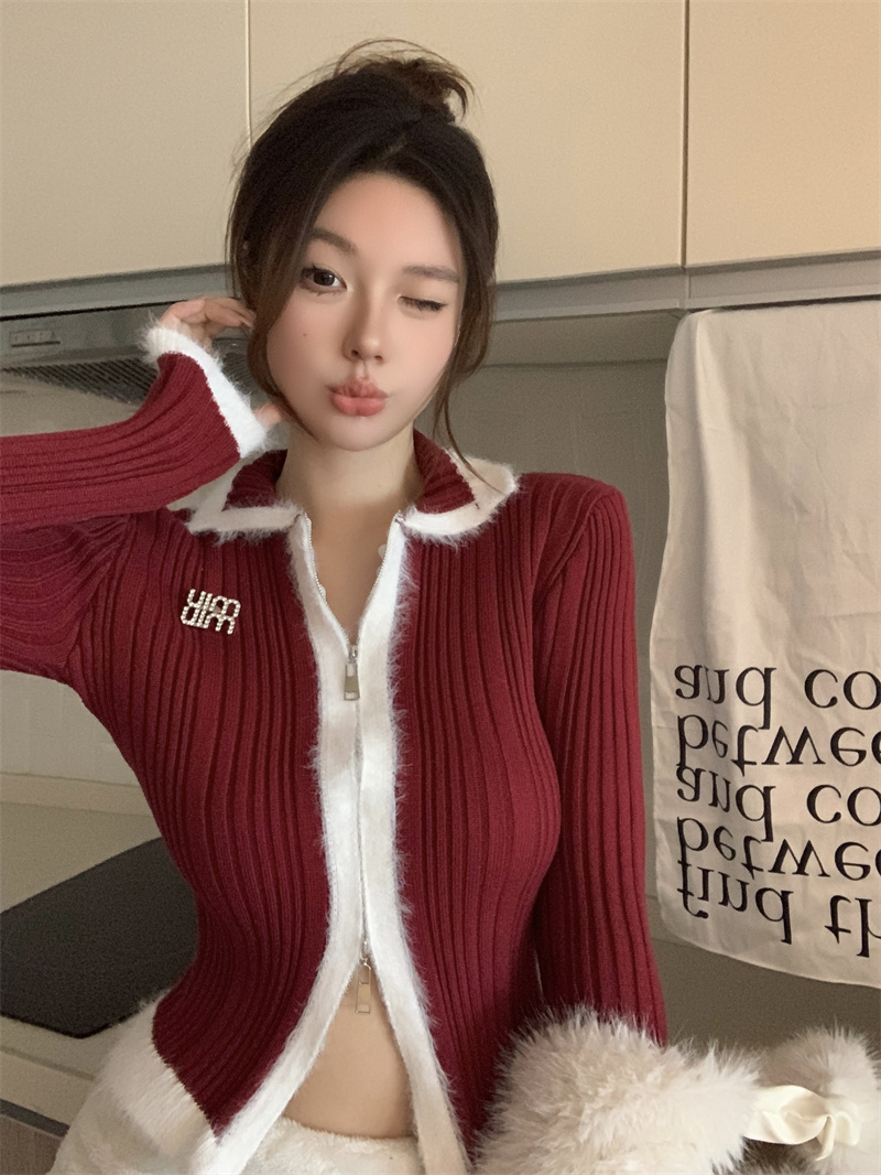 實拍  秋冬新款氣質拼色拼接毛毛針織開衫雙頭拉鏈上衣女