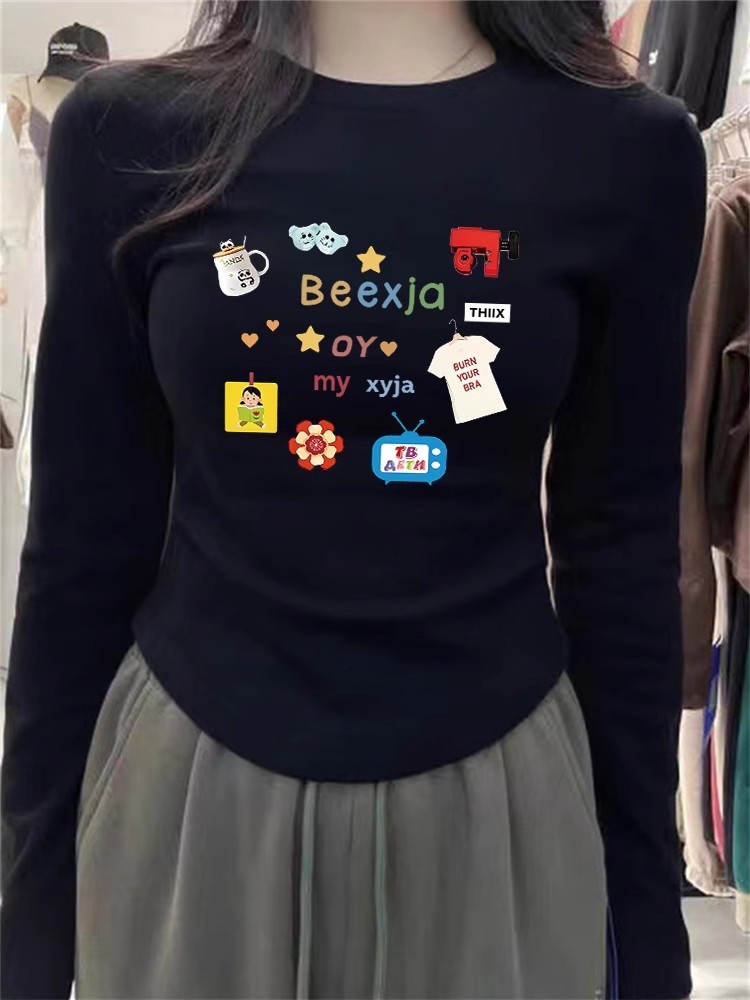 卡通印花德絨t恤女生秋冬圓領內搭加厚修身上衣設計感小眾打底衫