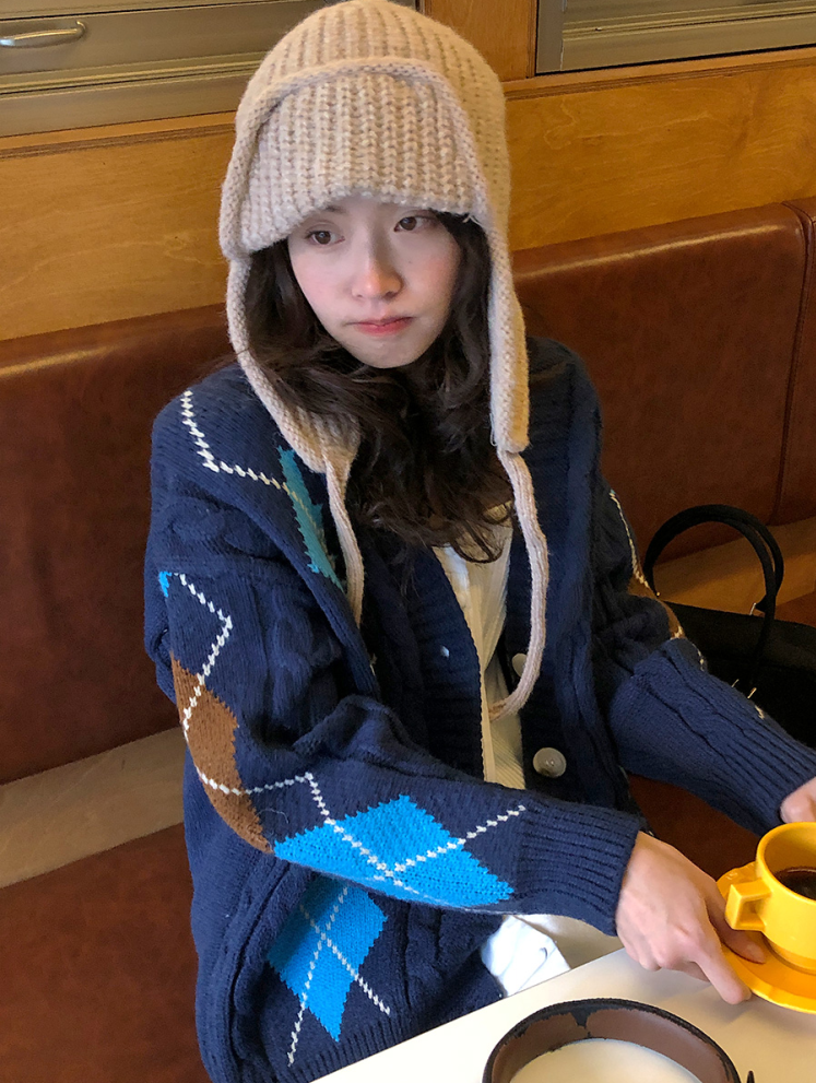 韓國ins博薦~冬日V領菱形格紋撞色麻花針織開衫女毛衣外套女