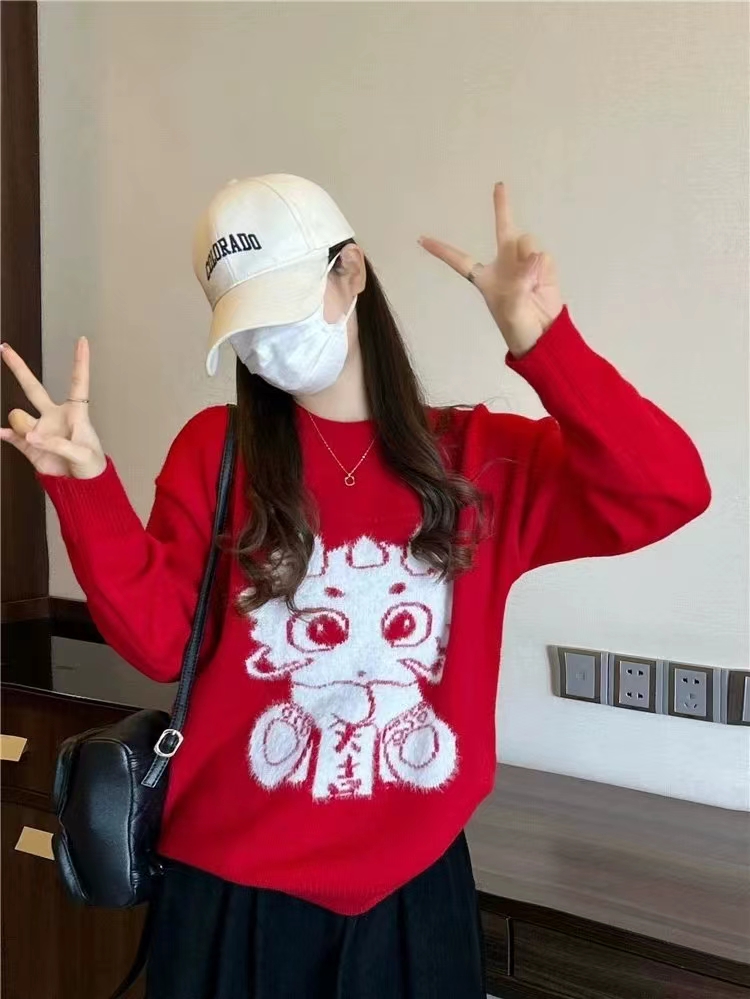 今年流行本命年紅色毛衣女2023冬季新款慵懶風寬鬆中長款針織衫