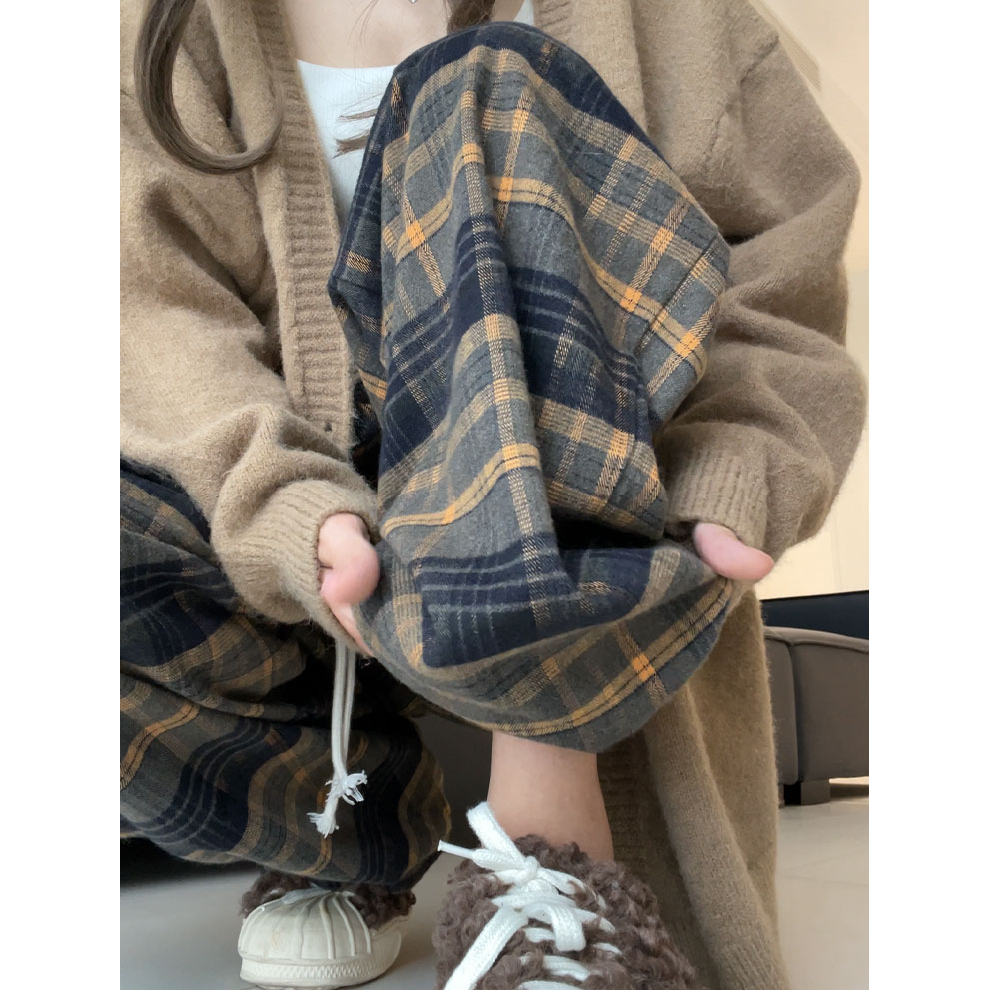 Yellow Plaid Pants Women's Autumn and Winter 2023 New High Waist Drape Casual Slim Retro Straight Velvet Wide Leg Pants