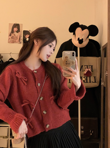 Actual shot ~ New autumn and winter Korean style loose New Year red bow lazy knitted sweater cardigan jacket for women