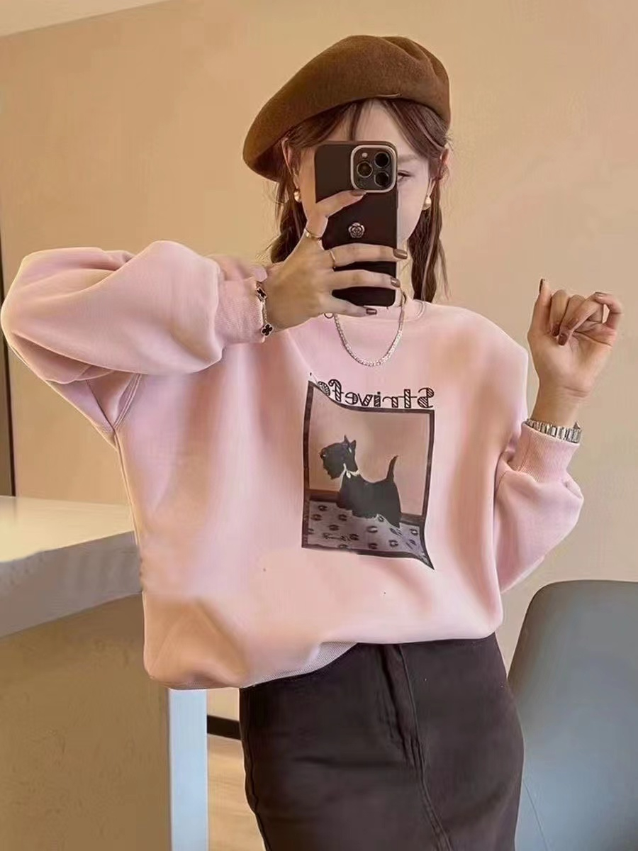 American retro velvet round neck sweatshirt for small women with cartoon print oversize apricot top jacket