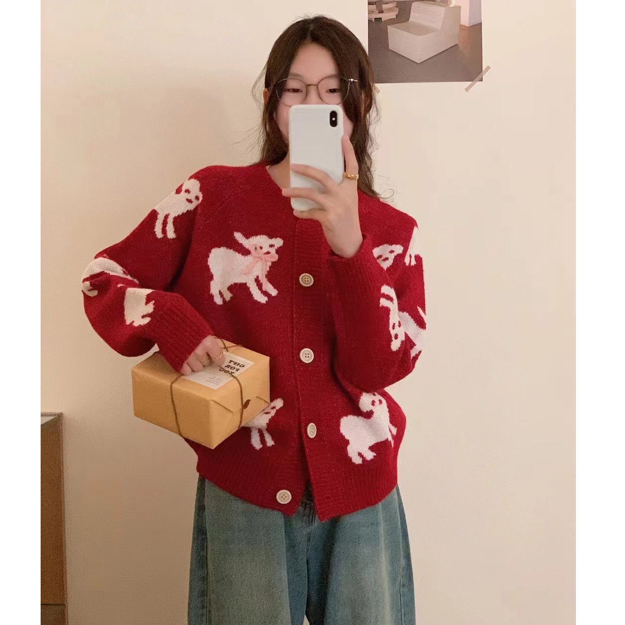 chummy 小羊暖暖 原創蝴蝶結小羊嵌花可愛圓領羊駝毛衣針織開衫女