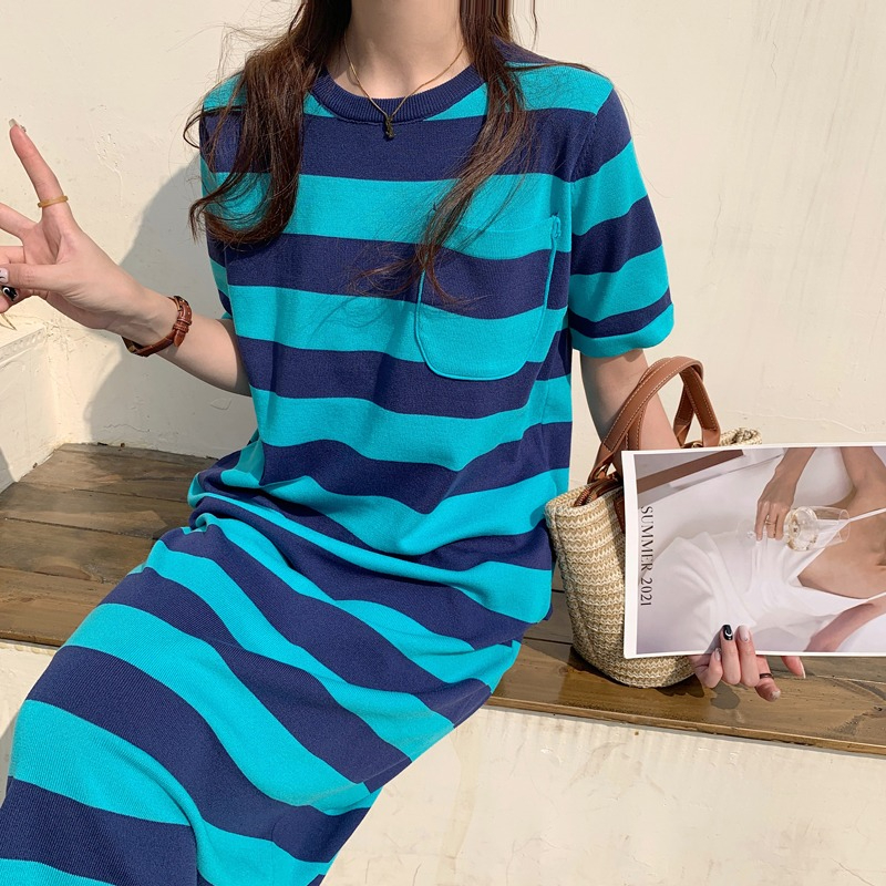 條紋短袖T恤裙連衣裙女夏2023新款韓版寬鬆學生休閒時尚長款裙子
