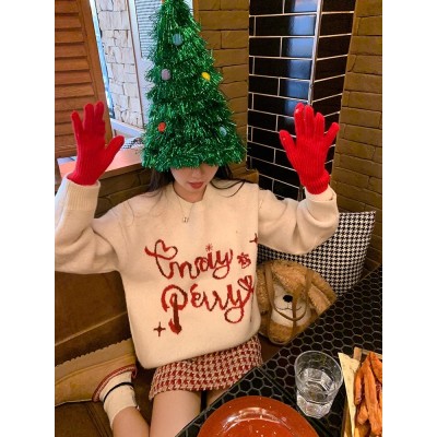 曾小咸 甜美聖誕套裝穿搭女冬季慵懶風軟糯毛衣寬鬆加厚上衣外穿