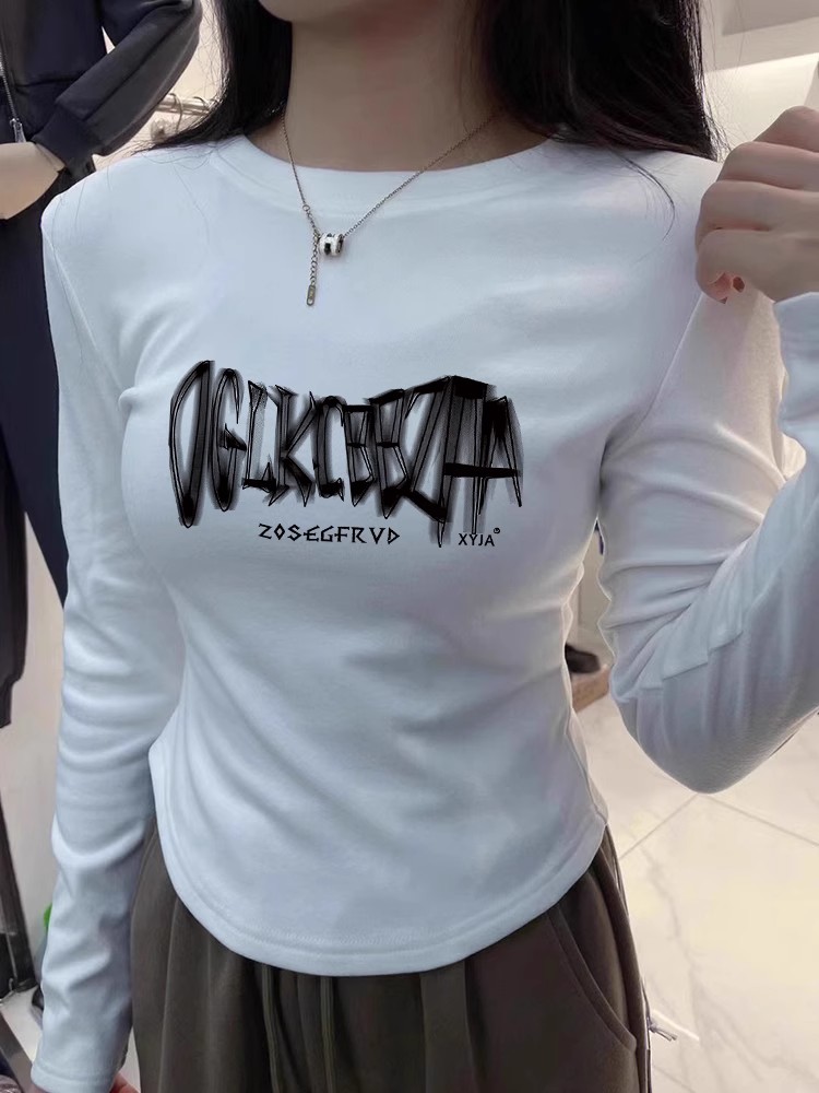 甜辣風加絨加厚上衣服秋冬季女款正肩圓領簡約印花短款t恤打底衫