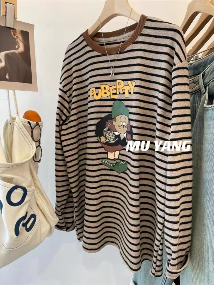 Silk cotton double-sided velvet embroidered bear brushed striped long-sleeved T-shirt for women in autumn and winter Korean style thickened top