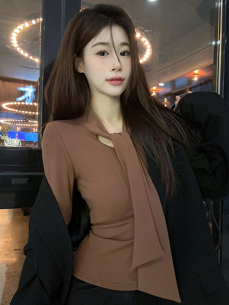 1*1螺紋德絨 260克蝴蝶結系帶打底衫T恤女冬設計感別致修身上衣