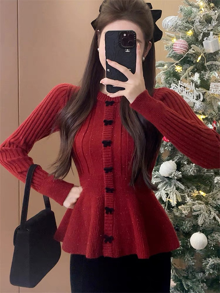 過年穿搭聖誕紅色蝴蝶結毛衣女秋冬加厚內搭針織打底衫