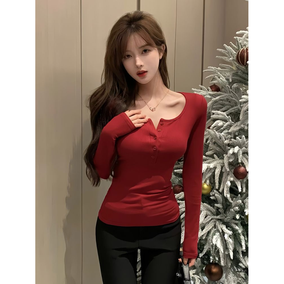 Tailor-made Christmas wear long-sleeved T-shirt bottoming shirt for women in autumn and winter with square collar and slim fit