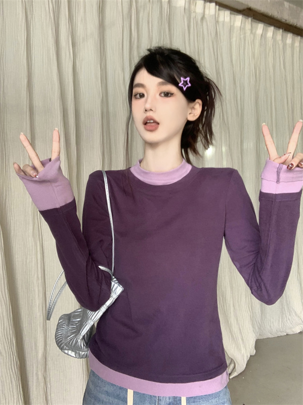 實拍拼色磨毛打底衫內搭新款設計感疊穿顯瘦長袖t恤女上衣潮