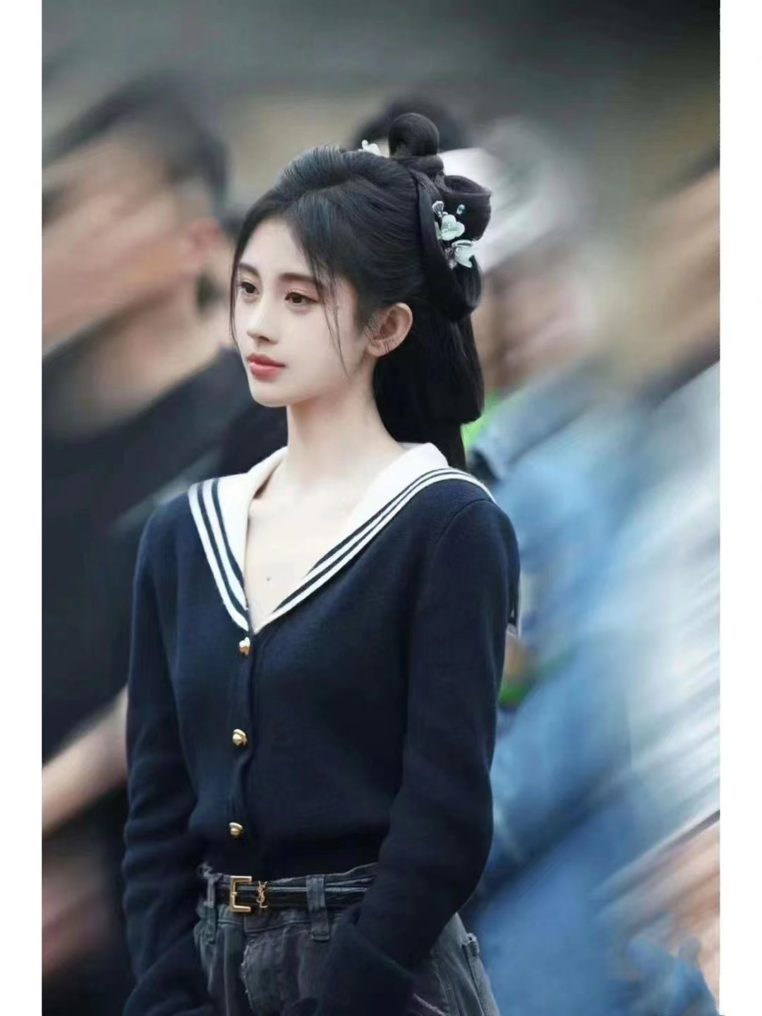 2023秋冬新款設計感海軍領條紋針織排扣開衫上衣女