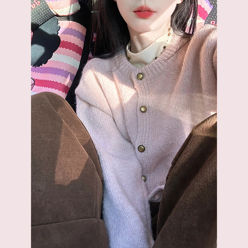 粉色毛衣外套女秋冬季2023新款慵懶風加厚針織開衫上衣小個子