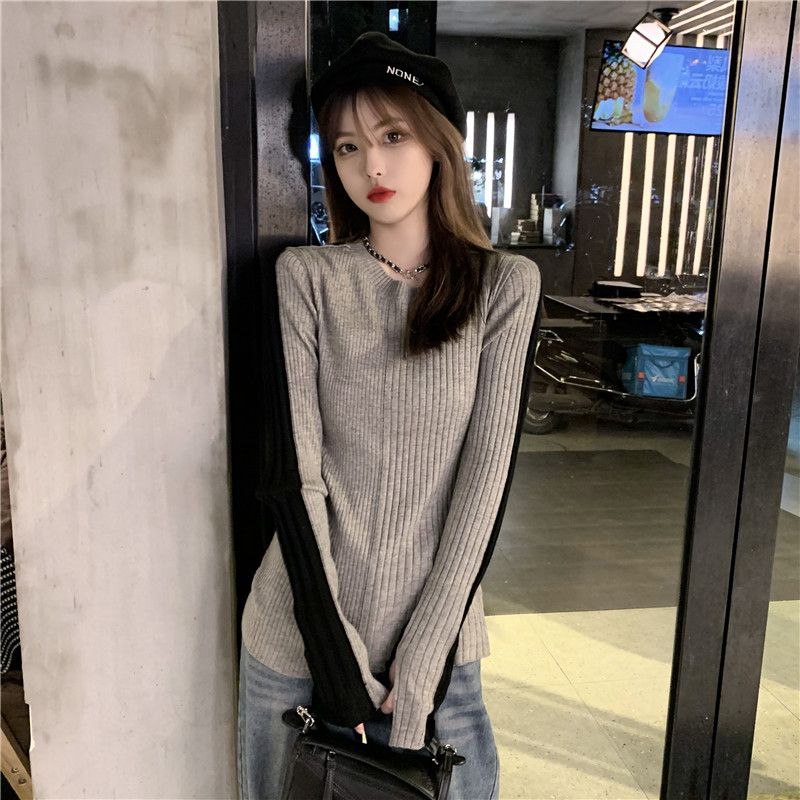 新款復古港味修身顯瘦設計感小眾撞色內搭長袖針織衫女裝