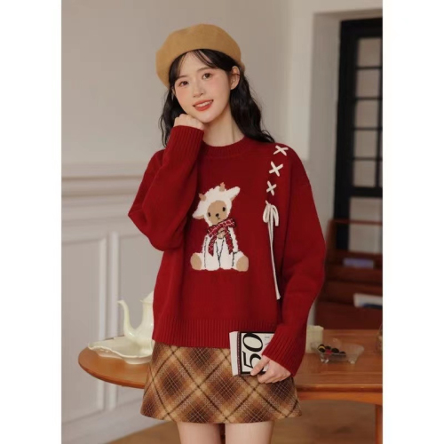 2023 new style strappy bow sweater for women small red design soft waxy knitted top autumn and winter