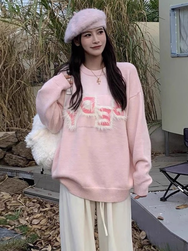 Designed soft and waxy round neck pullover sweater for women autumn and winter 2023 new fashion lazy style letter plush sweater