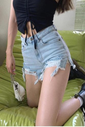 Actual shot of 2024 new summer clothes, slim and versatile, casual, loose, ripped denim shorts, wide-legged A-line hot pants for trendy women