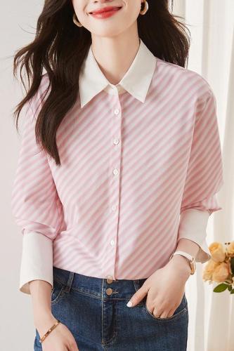 粉色条纹撞色衬衫女拼接设计感小众职业气质ol通勤高级感衬衣春秋