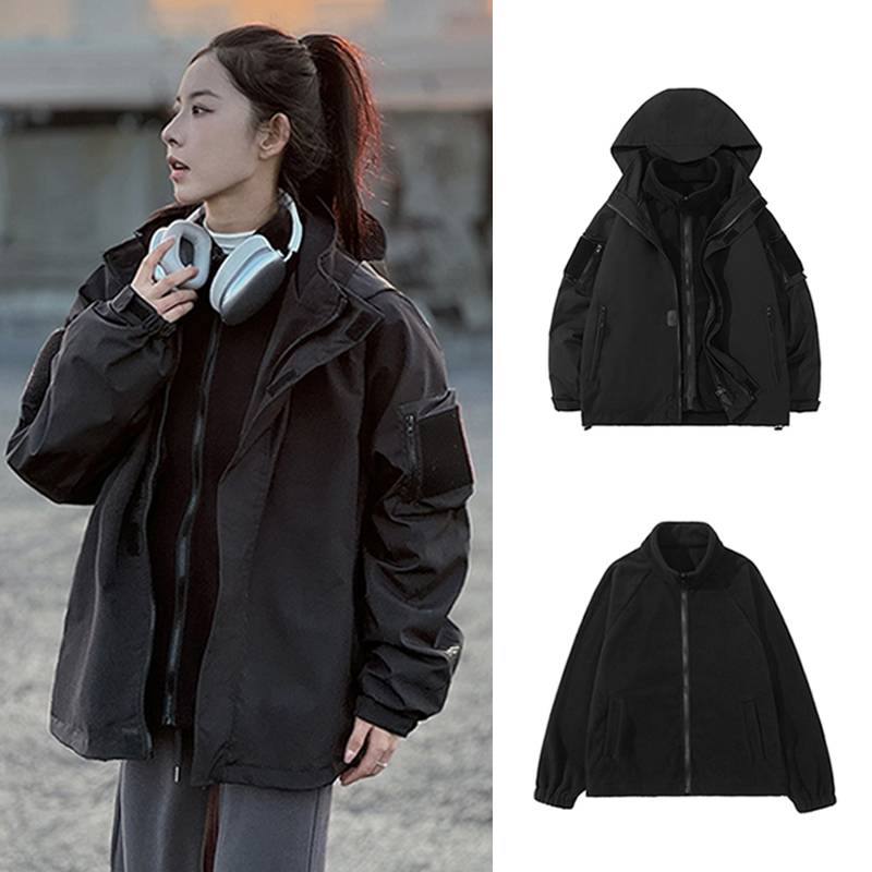 實拍大碼女裝真兩件衝鋒衣三合一2023秋冬新款搖粒絨棉服外套戶外