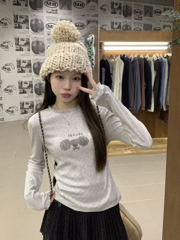 實拍三標齊可愛小狗Tee內搭拼接手繪印花打底衫女