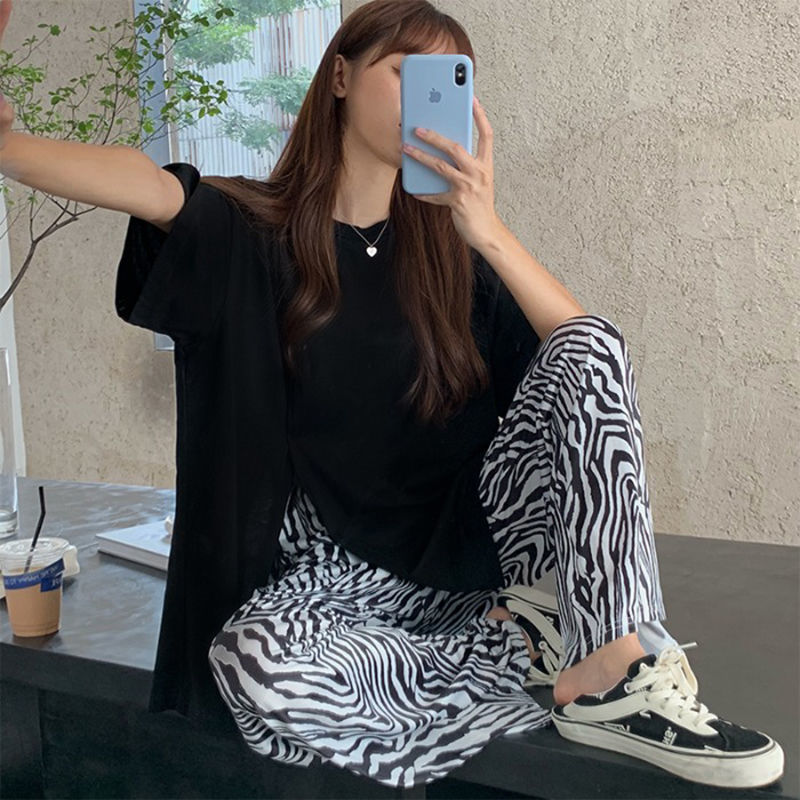 時尚套裝女學生夏季新款韓版寬鬆開叉短袖t恤斑馬紋闊腿褲兩件套