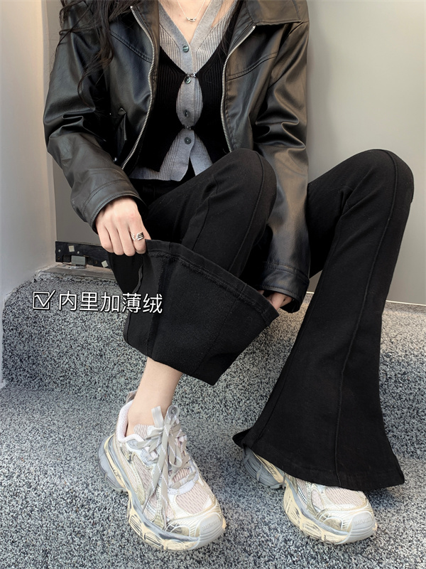 實拍 拉鏈加絨加厚高腰微喇叭休閒褲冬季新品修身顯瘦馬蹄褲