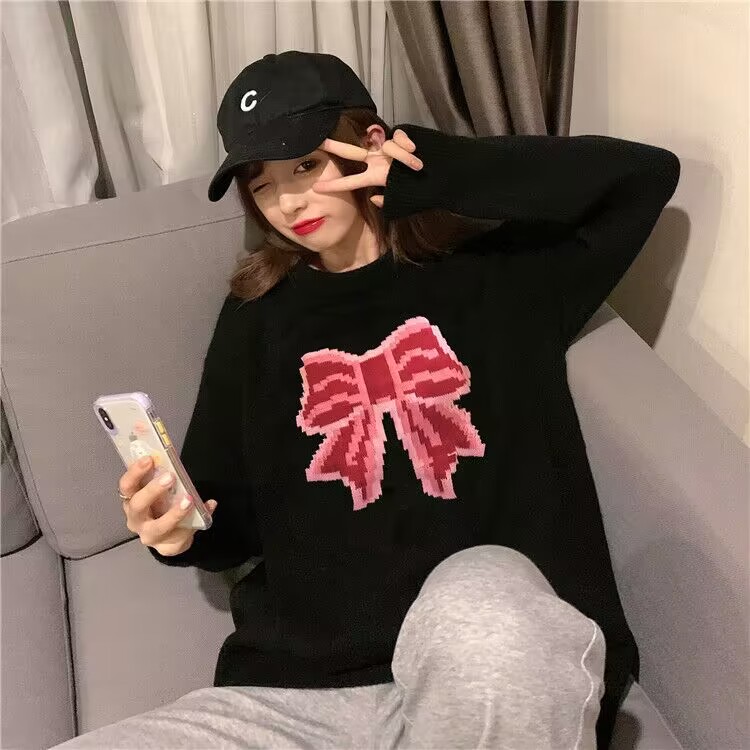 Korean style loose bow love jacquard long-sleeved sweater female bestie outfit mid-length age-reducing outer wear knitted top