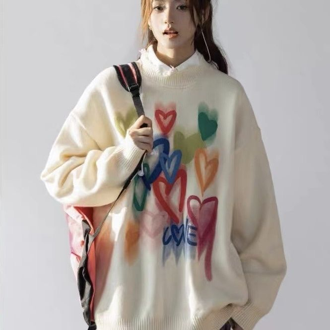 慵懶風毛衣女寬鬆韓系復古軟糯彩色愛心圓領套頭破洞針織衫新款