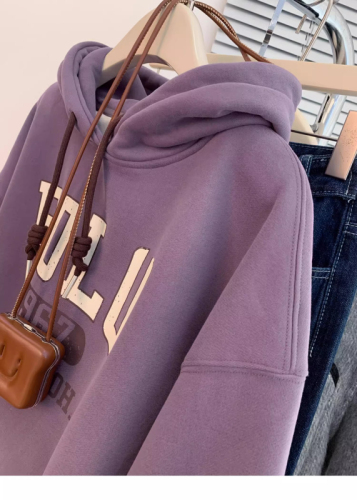 Original workmanship purple velvet hooded front shoulder sweatshirt for women autumn and winter European goods for small people  new style