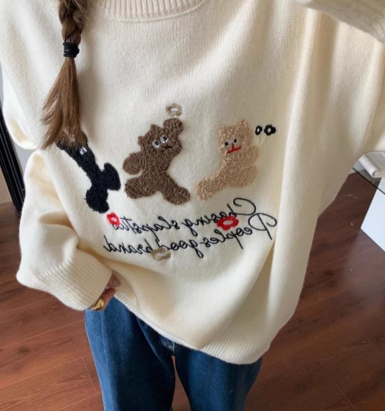 Korean version of cartoon flocked pullover bear sweater for women 2023 autumn and winter new style cute and sweet loose knitted top