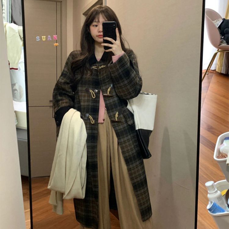 牛角扣韓系大衣女中長款2023秋冬新款寬鬆小個子加厚格子毛呢外套