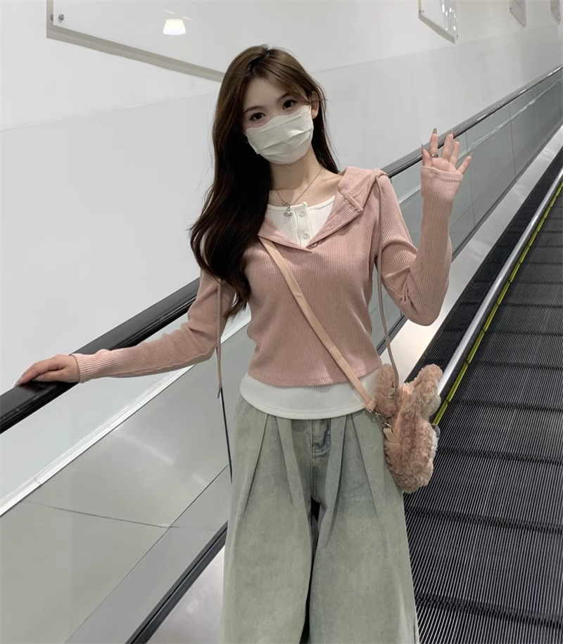 原版做工撞色假兩件抽繩連帽T恤女冬裝修身小個子內搭短款上衣