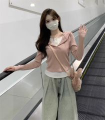 Original version, well-made, color-blocked faux two-piece hoodie with drawstring for women's winter slim-fit short top for petite figures