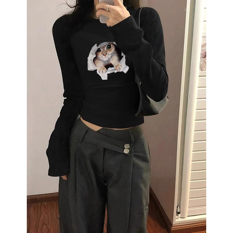 黑色長袖T恤女秋冬新款高腰露臍印花修身顯瘦短款打底衫上衣