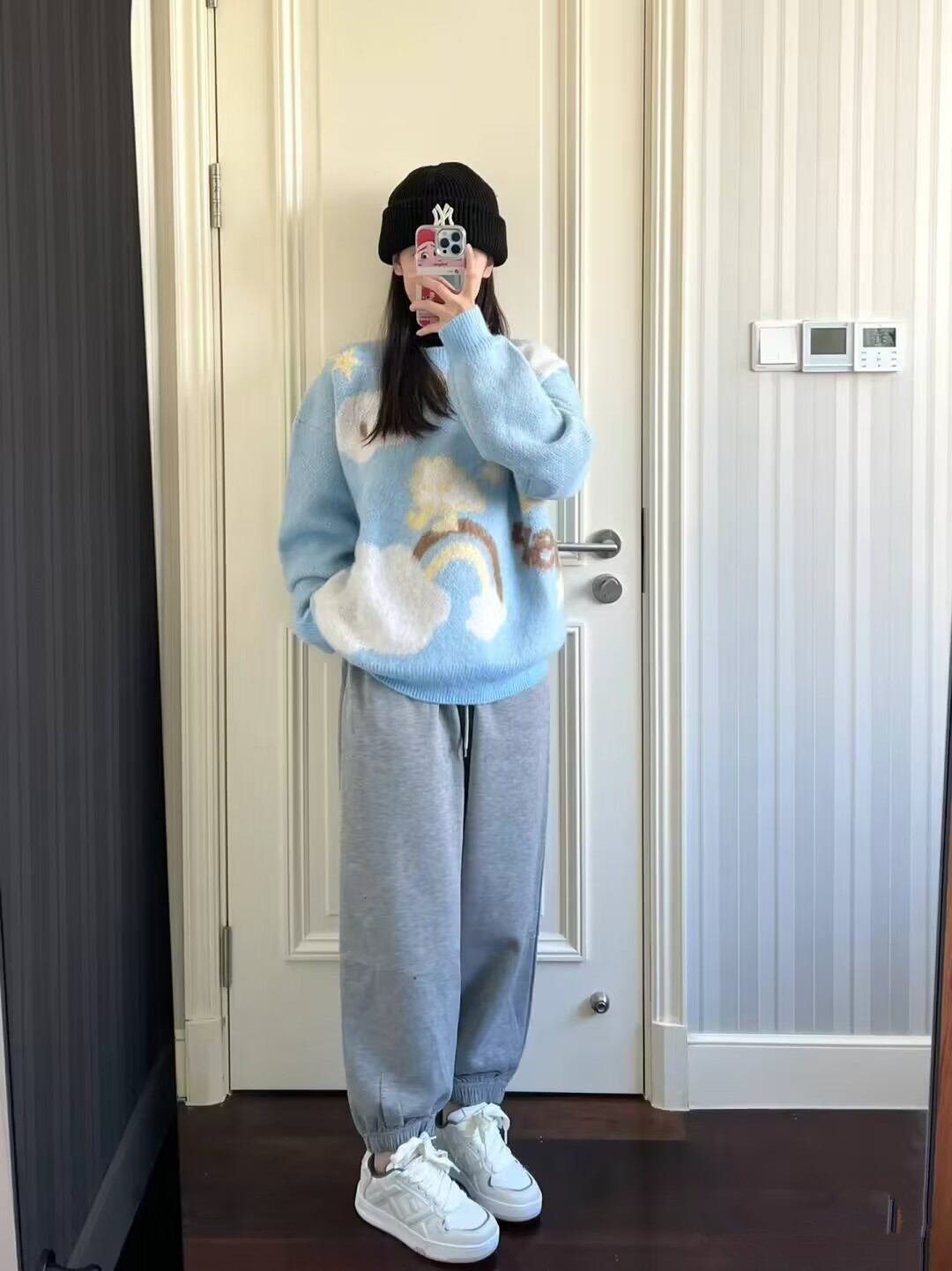 可愛雲朵小星星圖案套頭針織毛衣女秋冬慵懶風寬鬆休閒百搭外穿