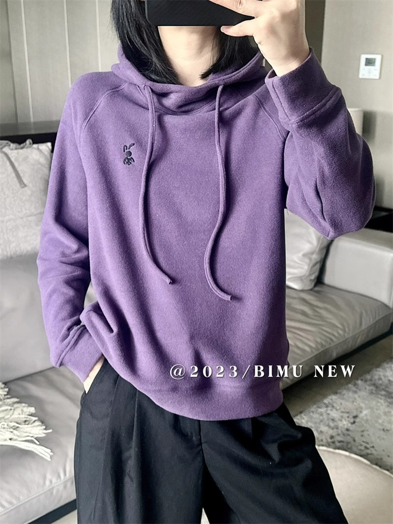 德絨2023秋冬小兔刺繡抽繩連帽雙面德絨衛衣女