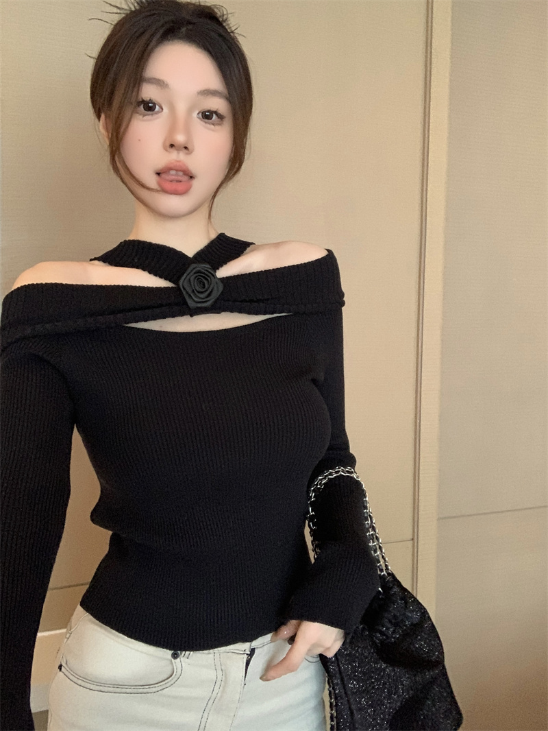 實拍  一字肩掛脖針織衫女秋冬長袖毛衣內搭立體花朵打底衫