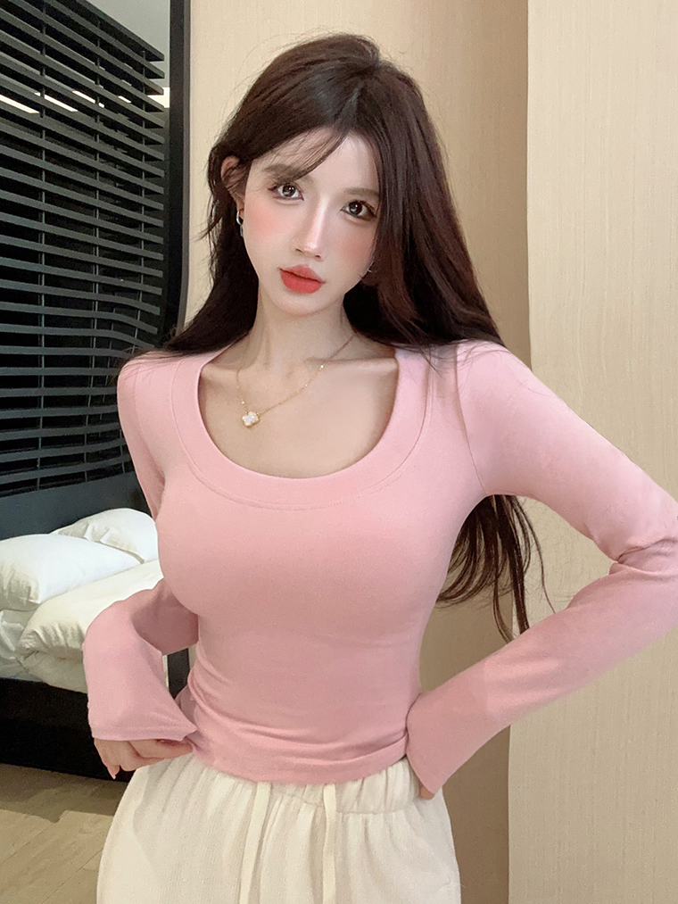 實拍  粉色U領長袖打底衫修身顯瘦T恤女甜辣妹短款上衣
