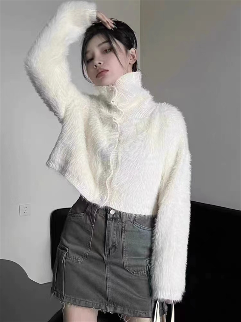 秋冬新款溫柔辣妹短款軟糯水貂絨毛衣女高領加厚開衫外套上衣