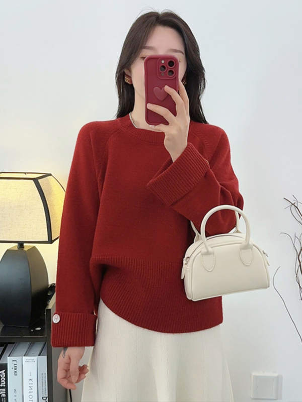 紅色毛衣女款2023新款秋冬設計感寬鬆女士針織衫冬季加厚打底上衣