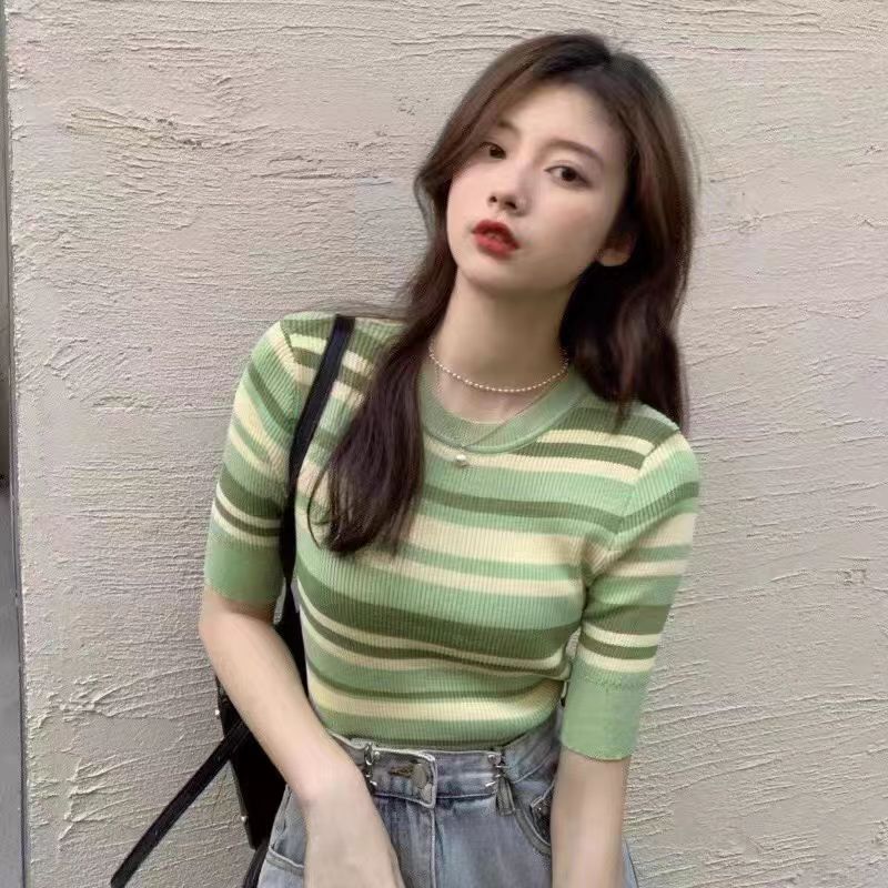 bm風緊身短袖t恤女ins潮夏季半袖正肩條紋別致設計感小眾短款上衣