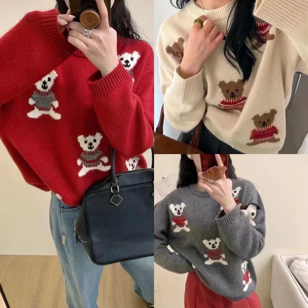 今年流行冬季氛圍感軟萌小熊慵懶減齡毛衣女休閒寬鬆百搭女針織衫