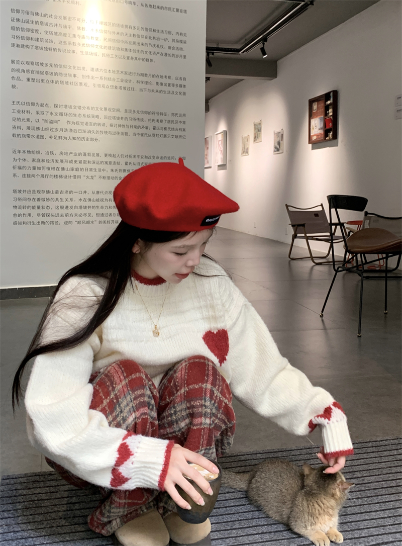 實拍  愛心提花氛圍感圓領毛衣+格子闊腿褲
