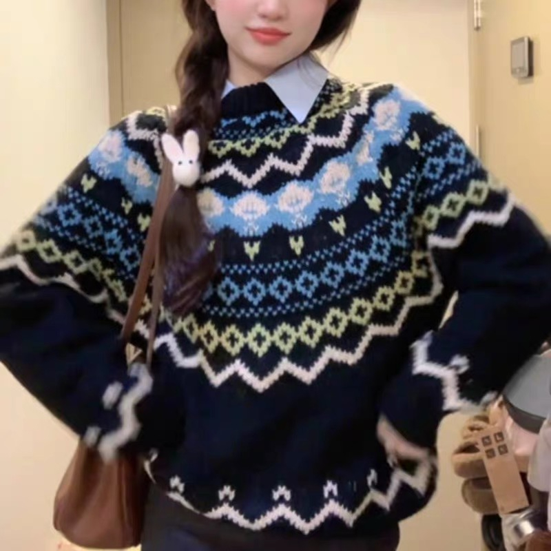 小眾復古提花毛衣女秋冬氛圍感費爾島圓領套頭針織衫上衣