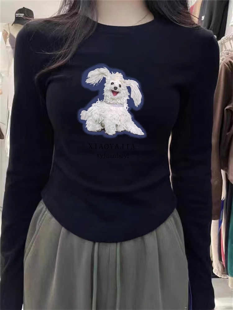 卡通印花德絨t恤女生秋冬圓領內搭加厚修身上衣設計感小眾打底衫